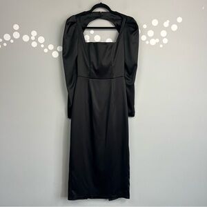 Elagia Black Square Neck Backless Satin Dress Puff Sleeve Size S
